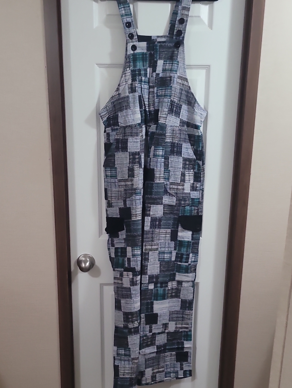 Yak & Yeti Abstract Patchwork Overalls - Black, White, Teal